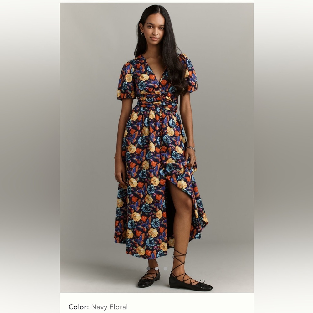 Anthropologie Katarina Floral V-Neck Maxi Dress Puff Sleeves Navy Multi Med